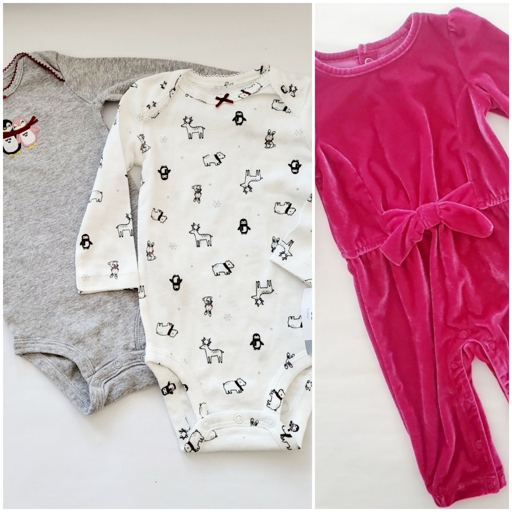 Bundle Carter's pink velvet romper and new one piece and grey penguin one piece